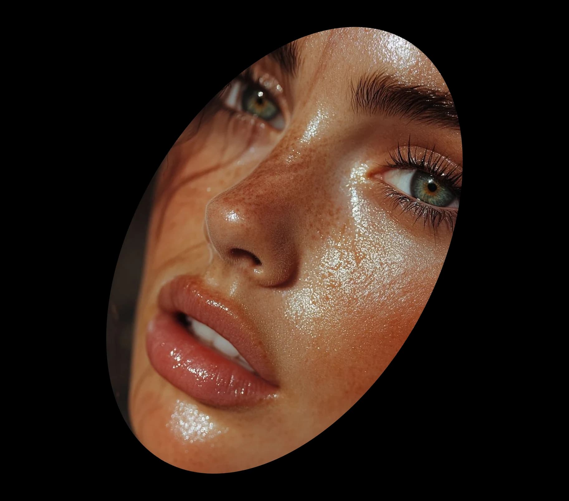 Rostro con piel luminosa, cejas definidas, pestañas y labios