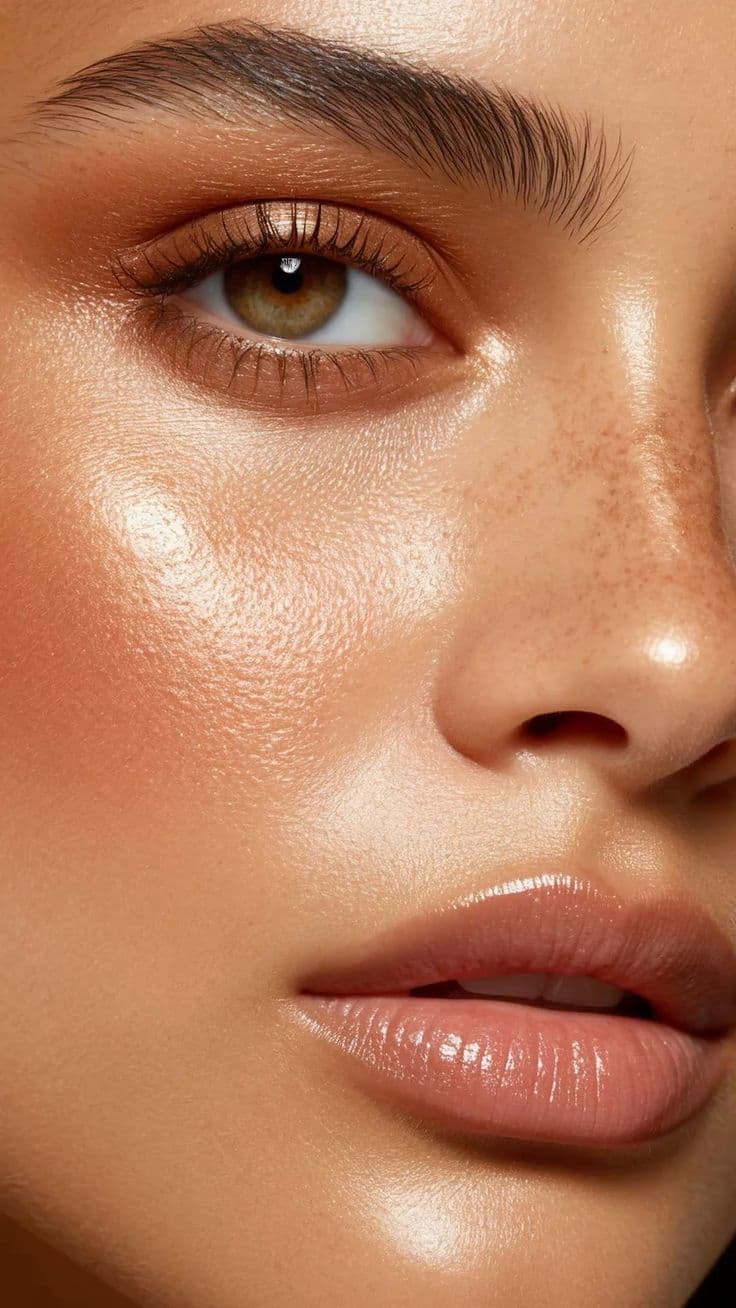 Rostro con piel luminosa, cejas definidas y pestañas